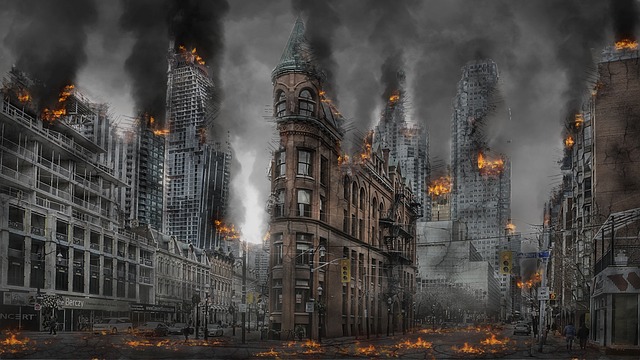 Apocalyptic cityscape with burning skyscrapers and smoke filling the sky